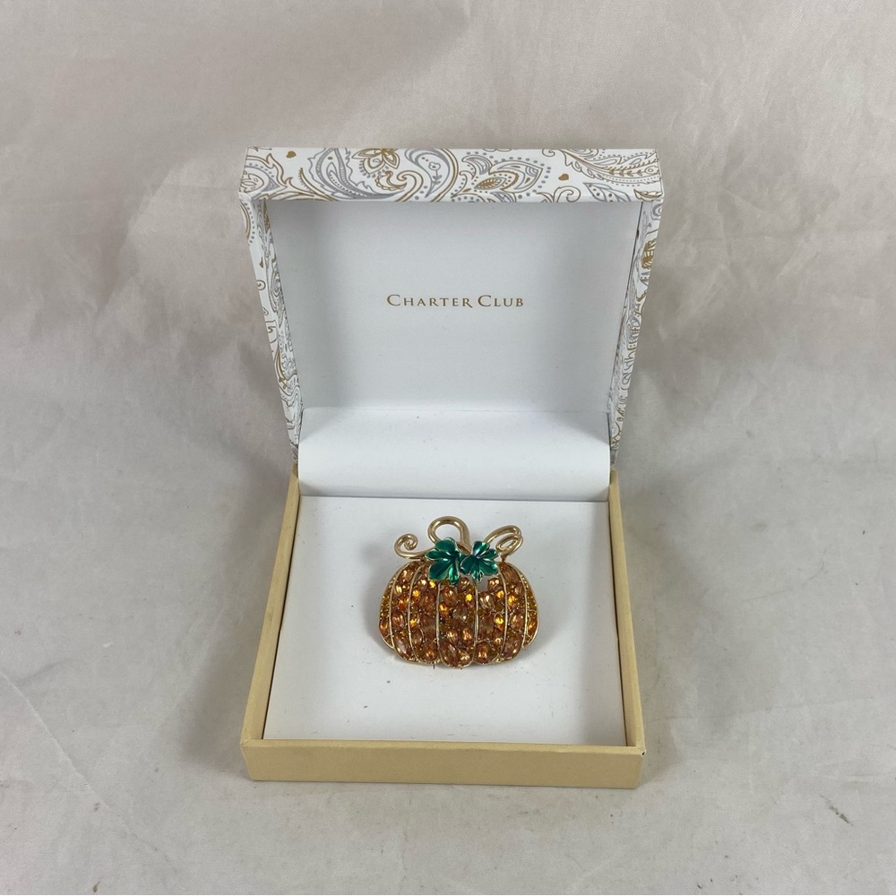 Charter Club Pumpkin Pin Brooch Orange Rhinestones Gold Tone Metal 1.75” W NEW